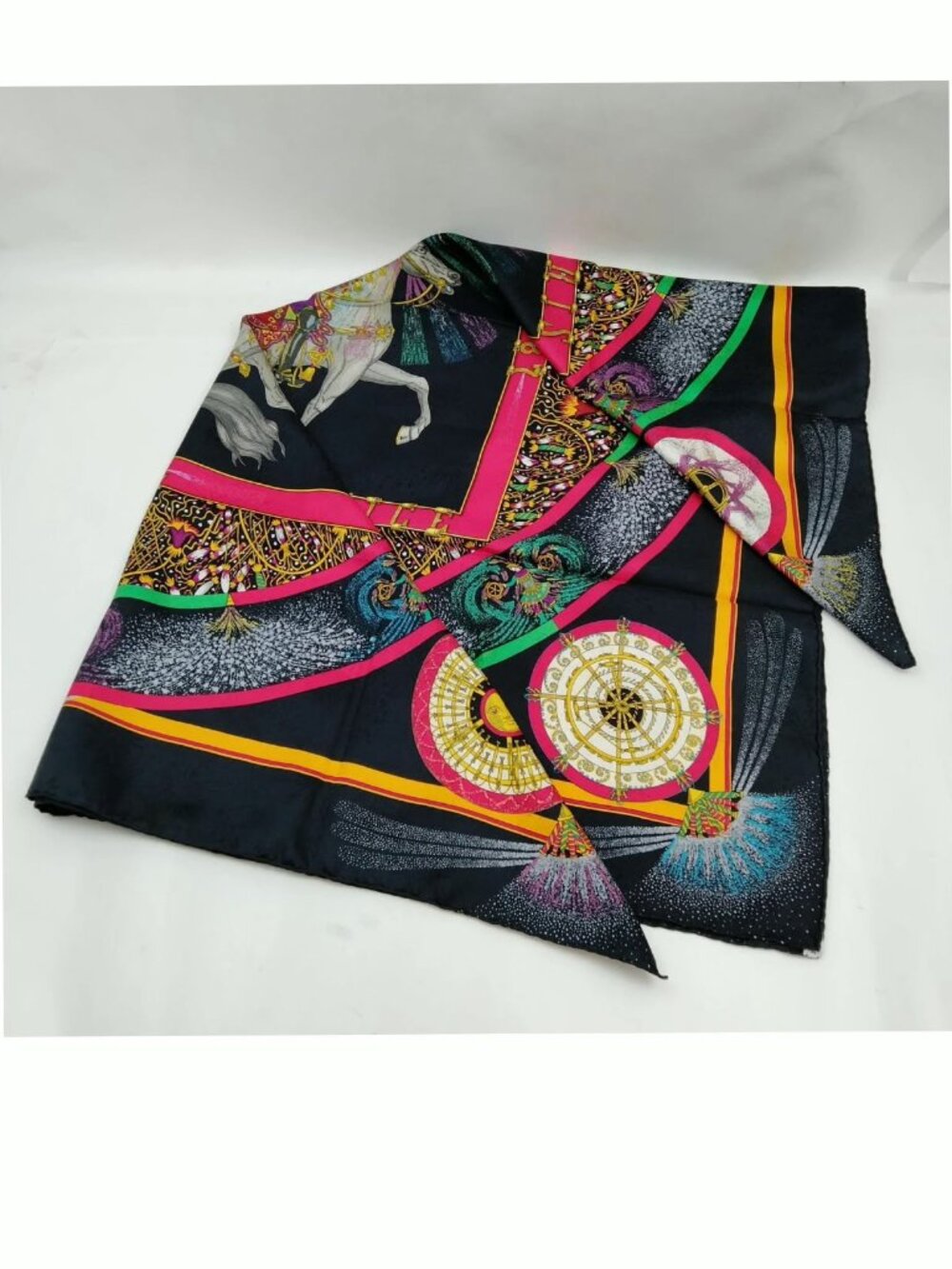 Authentic Hermès Silk Scarf Black Multicolor Equestrian Print - Picture 4 of 10